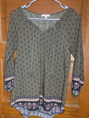 Moa Moa Olive and Rust Paisley Border Tunic Top
